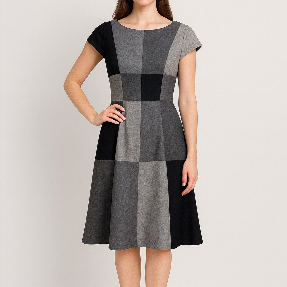 EVA FRANCO wool blend black gray patchwork career office dress size 2 colorblock